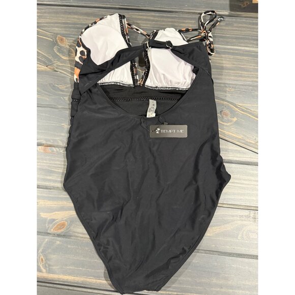 Leopard Print & Black Halter One-Piece Swimsuit With Ruched Waist - Large - Picture 4 of 5